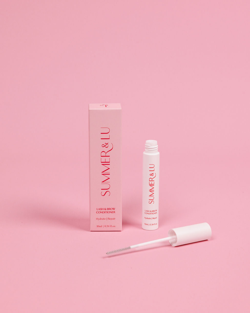 Close-up of Lash & Brow Conditioner ingredients including keratin, biotin, and peptides