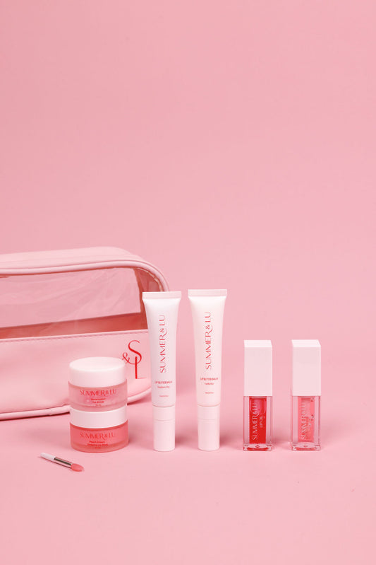 Complete Lip Care Set including lip scrub, lip mask, lip oils, lip butters, and glow case.